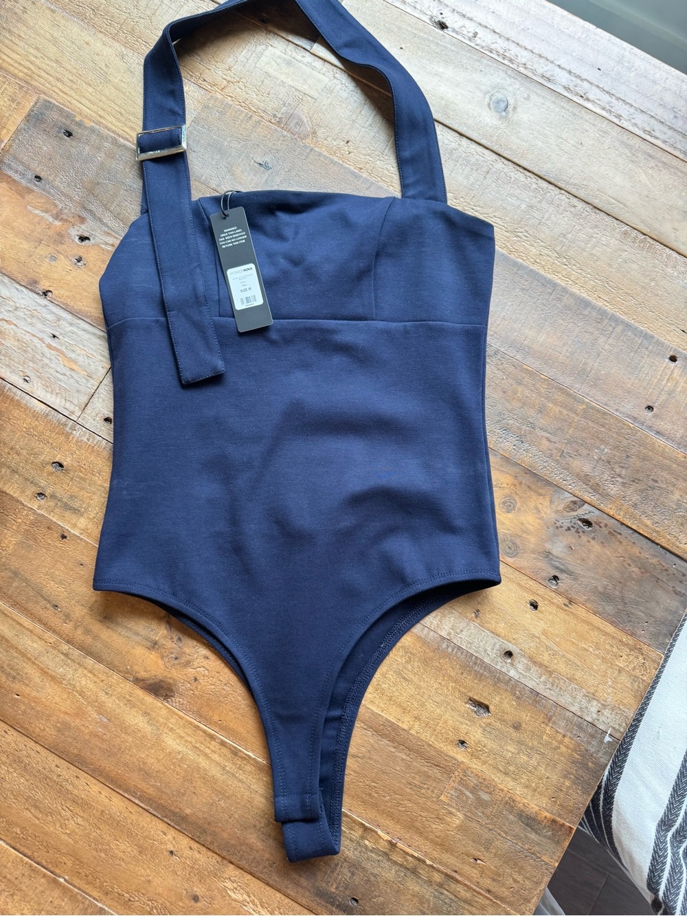 Fashion Nova Navy Blue Halter Bodysuit One-Shoulder Adjustable Strap